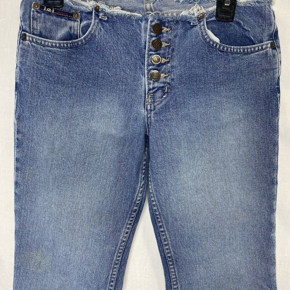 Vintage LEI Flare Denim Jeans Low Rise Raw Hem Exposed Button Fly Womens 10 Blue - Picture 1 of 8